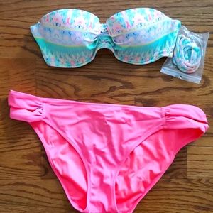 Hot pink/salmon + multicolored bandeau bikini
